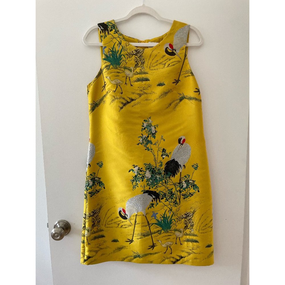 Max Studio MSSP Yellow Sandhill Crane Chinoiserie Shift Dress - Size 4 - Retro